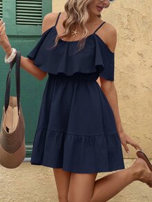 SHEIN Clasi 女款優雅波西米亞休閒細肩帶露肩舒適純棉純色海軍藍A字連身裙 度假夏季 - 藏蓝色 - 查看 3