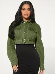 SHEIN SXY 女款時尚鈕扣長袖短版牛仔夾克 - 軍綠色 - 查看 6