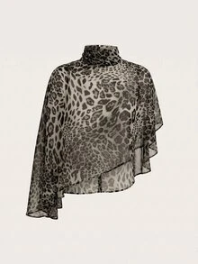 SHEIN Clasi 女款豹紋立領休閒百搭日常穿著襯衫 - 灰色 - 查看 5