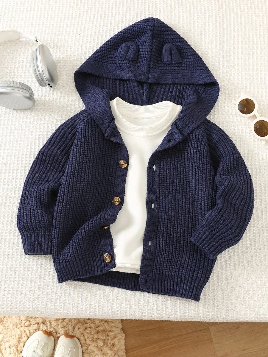 SHEIN Áo cardigan len hoodie tay dài họa tiết tai 3D phong cách thường ngày đa năng cho bé trai, phù hợp mùa thu/đông - Màu xanh hải quân - Xem 1