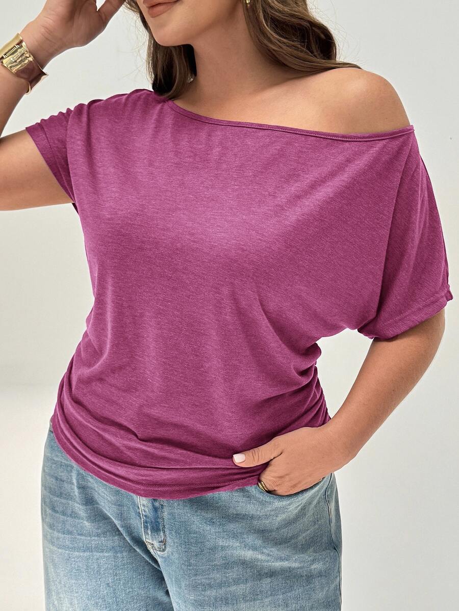 Shapeblank Plus Size Women Solid Color Asymmetric Shoulder Casual Versatile Daily Wear T-Shirt - Red Violet - View 1