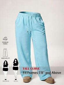 SHEIN Tall CURVE 大尺碼女款純色抽繩腰休閒百搭日常穿著運動長褲 - 淺藍色 - 查看 2