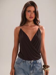 SHEIN BAE Spring/Summer Women's Casual Sexy Vacation Transparent Strap Camisole Solid Dark Brown Sleeveless Top, Suitable For Beach Going Out Night Out Club - Chocolate Brown - View 4