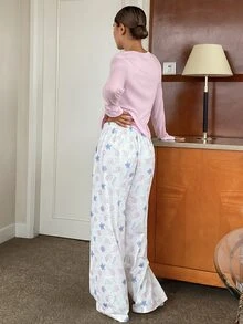DAZY 青少年女孩秋季服飾 寬鬆舒適春秋居家休閒套裝 V領T恤與格紋直筒長褲 - 淺粉色 - 查看 2