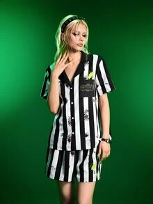 Beetlejuice X SHEIN Women's Colorblock Striped Top & Shorts Pajama Set - Black and White - View 3