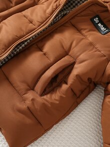 SHEIN معطف شتوي مبطن سميك للأطفال والأولاد الصغار، مريح وفضفاض وعملي، بلون سادة متعدد الاستخدامات، بغطاء رأس وسحاب - بني - مشاهدة 8