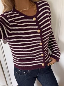 CovetEZ 女款休閒條紋針織開襟衫，秋季 - 酒紅色 - 查看 8