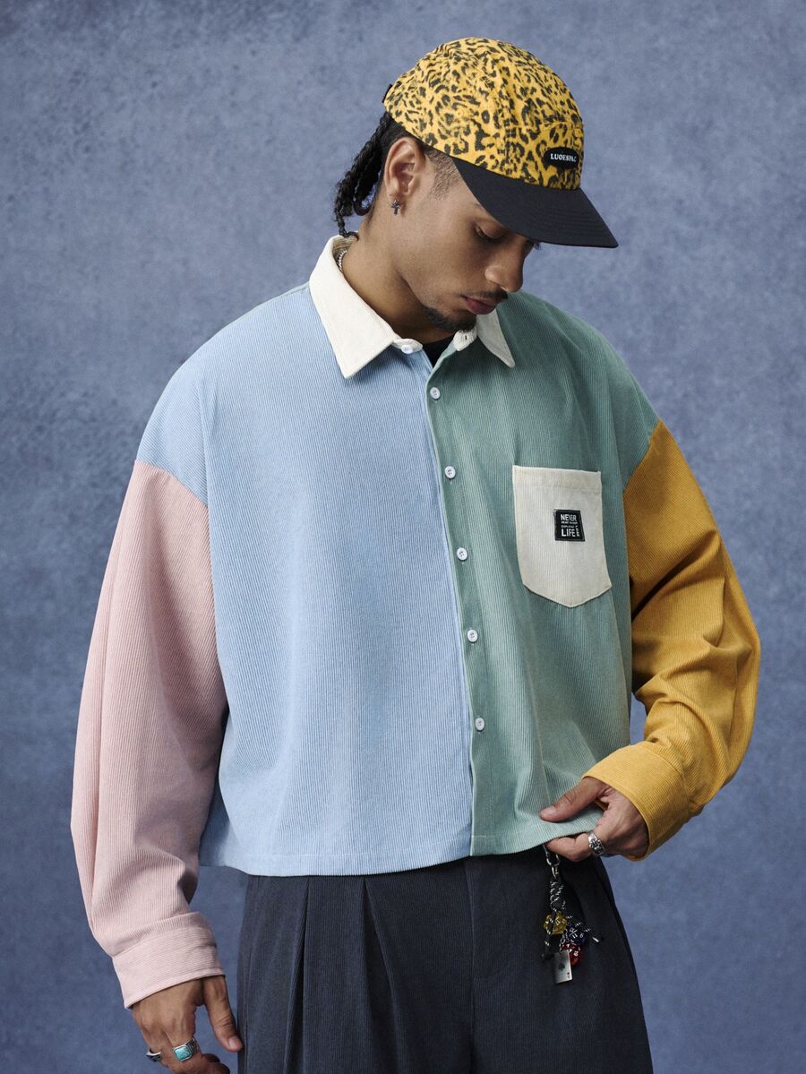 PAVTROS Men's Casual Autumn Holiday Commute Colorful Striped Print Patchwork Pocket Decor Drop Shoulder Loose Fit Shirt - Multicolor - View 1