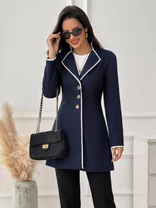 Medorina Mantel Wanita Bergaya Colorblock, Elegan, Preppy, Serbaguna untuk Pemakaian Sehari-hari, Kantor, Biru Tua, Musim Gugur - Navy Blue - View 4