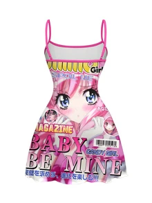 ROMWE Anime Dark Girl Slogan Sexy Dark Girl All-Over Print Mini Dress For Women - Pink - View 2