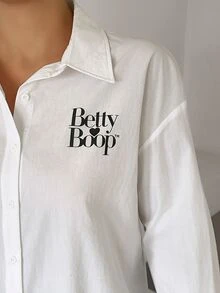 Betty Boop x DAZY Curve Kemeja Lengan Panjang Putih Kasual Longgar dengan Motif Huruf, Gaya Baru Musim Semi dan Gugur - Putih - View 9