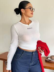 Betty Boop x DAZY Curve Letter Print Versatile Skin-Tone Mesh White Base Layer T-Shirt, Spring/Autumn New Style - Beige - View 6
