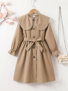 SHEIN Young Girl French Style Loose Double-Breasted Lapel Long Trench Coat, Casual Military Style, Suitable For Commuting And Outdoor Wear, All-Season; Perfect For Creating Y2K Style, Suitable For Daily And Personalized Looks - Khaki - View 6