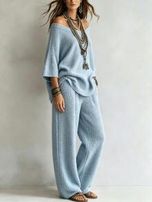 SHEIN 2026 New American European Style Knit 2 Pieces Set Casual Loose Cold Shoulder 3/4 Sleeve Top + Wide Leg Pants - Dusty Blue - View 3