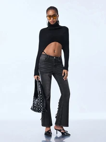 Y2Kool Top de punto corto ultra sexy gótico Y2K baddie casual callejero punk oscuro para mujer con manga larga tipo chal, adecuado para verano, otoño, fiesta, vacaciones en la isla, festival de música, festival de música electrónica, atuendo diario de Halloween - Negro - Ver 6