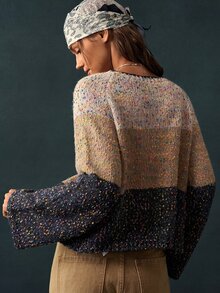 Bohemela كارديجان نسائي محبوك بأكمام طويلة وأزرار بألوان متباينة مع تطريز على شكل صدفة - متعدد الألوان - مشاهدة 7