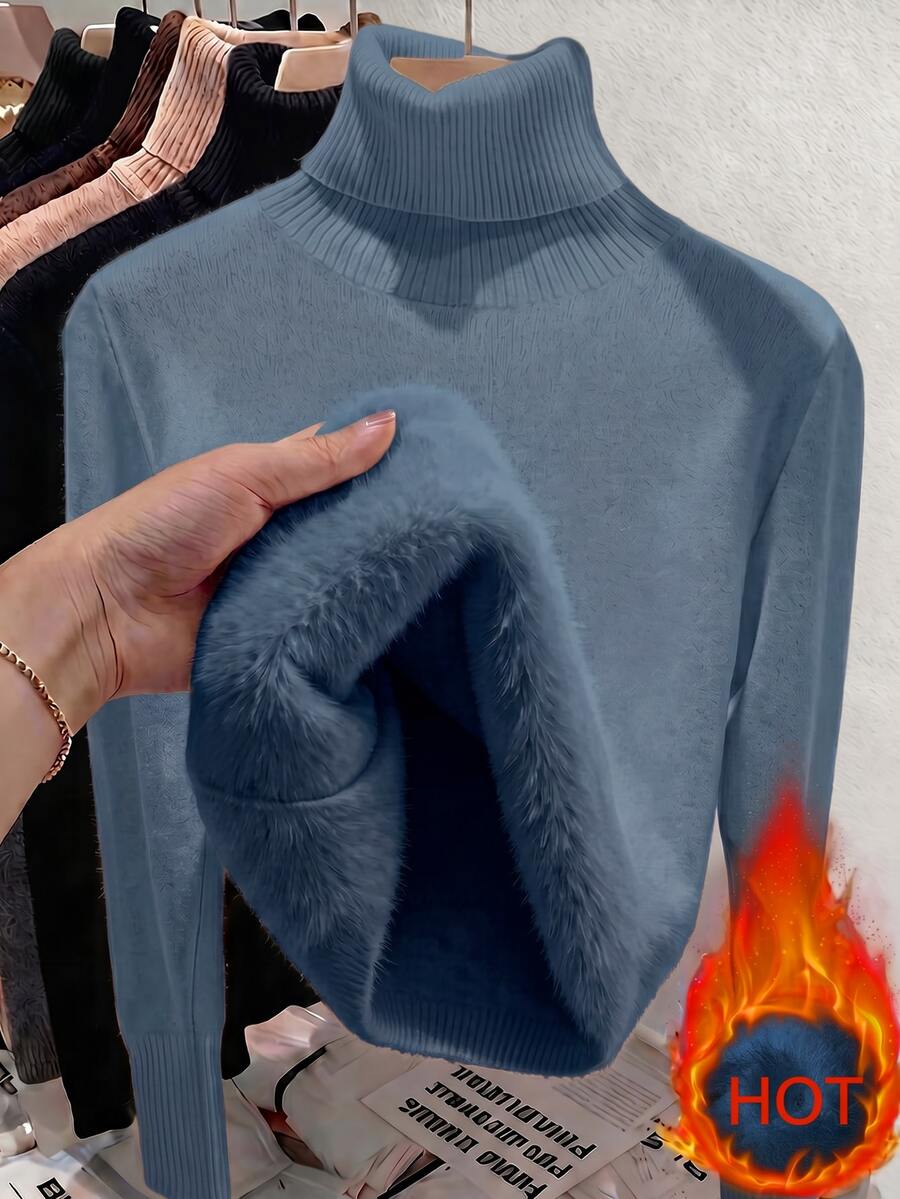 Franclia European & American Autumn/Winter Fashion All-Match Versatile High Neck Thickened Fleece One-Piece Slim Fit Long Sleeve Knit Inner Layer Base Layer - Dusty Blue - View 1
