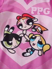 THE POWERPUFF GIRLS X SHEIN رومبر للبنات الصغيرات بطبعة كرتونية - وردي - مشاهدة 4
