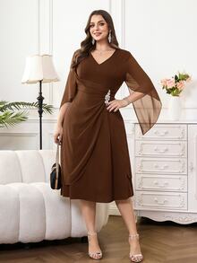 Reflora Vestido de fiesta casual con escote en V y decoración de strass para mujer talla grande - Marrón - Ver 11