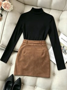 SHEIN 女款純色立領長袖上衣與迷你裙休閒套裝 - 彩色 - 查看 2