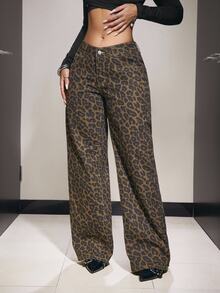 SHEIN PETITE Women's Leopard Print Wide Leg Denim Jeans Night Out Brown Fall Streetwear Casual - Multicolor - View 7