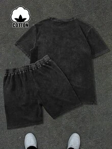 Manfinity Roughcore Men's Garment-Dyed Puff Print T-Shirt & Shorts Set, Casual Streetwear Two-Piece Outfit For Daily Wear, Fall Clothes, New Fall Styles - Black - View 6