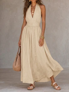 Solivie Women's Solid Color Pleated Casual Party Summer Dress - Apricot - View 6