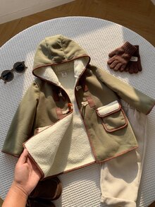 SHEIN 嬰兒男孩嬰兒女孩秋冬休閒綠色可愛百搭保暖內裡連帽外套，保暖內裡夾克，秋冬外套，幼兒外套，聖誕外套 - 彩色 - 查看 7