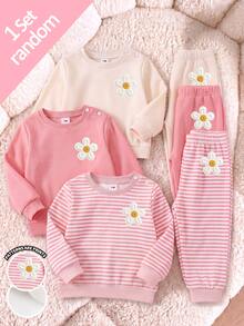 新生女嬰服裝盲盒 1 件隨機款（共 3 款）休閒可愛條紋花卉仿刺繡效果印花圓領長袖抓絨衛衣褲套裝，柔軟面料，適合外出，秋冬款 - 彩色 - 查看 6