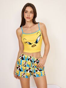 LOONEY TUNES X SHEIN 女款細肩帶上衣與短褲睡衣套裝 - 藍色 - 查看 3