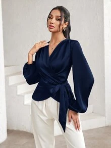 Modelyn 女款純色V領腰部打結休閒百搭日常外出襯衫 - 藏蓝色 - 查看 6
