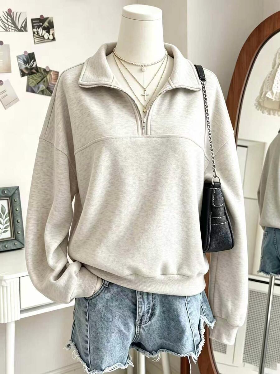 SHEIN Sparklyn 青少年女孩純色休閒百搭日常穿著長袖運動衫 - 灰色 - 查看 1