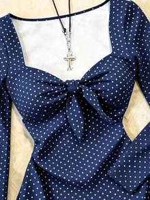 IslaSuriya Kaos Lengan Panjang Wanita Motif Polkadot Lipit Kasual Vintage Serbaguna untuk Pakaian Sehari-hari, Kencan, Setiap Hari, Warna Biru Tua, Musim Gugur - Navy Blue - View 3