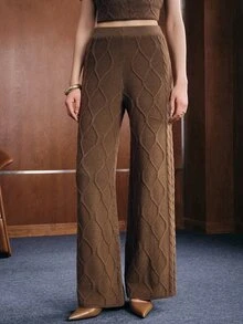 Anewsta Women's Autumn/Winter Cable Knit Argyle Pattern Commuter Elegant Long Pants - Brown - View 4