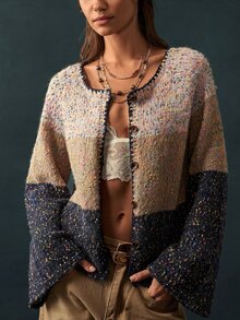 Bohemela كارديجان نسائي محبوك بأكمام طويلة وأزرار بألوان متباينة مع تطريز على شكل صدفة - متعدد الألوان - مشاهدة 6