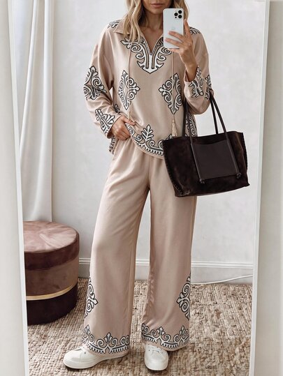Louniche Damset i 2 delar, höst, khaki, casual outfit i strandmodestil för utflykt, basic flygplatsoutfit, semesterkläder, tryckt T-shirt och långbyxor, skjortset 2026, damstrandmodeoutfit