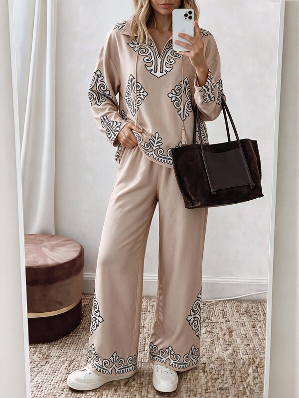 Louniche Women's 2 Pieces Set Autumn Khaki Casual Outfit Beach Fashion Style Outing Wear Basic Airport Outfit Vacation Apparel Printed T-Shirt Pants Shirt Long Pants Set 2026 Women's Beach Fashion Outfit