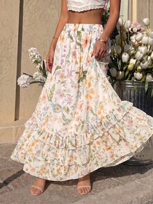 Cévolie Women's Elegant Elegant Early Autumn Vacation Print Ruffle Hem Skirt - Multicolor - View 6