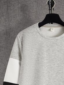 SHEIN 青少年男孩休閒圓領長袖拼色拼接袖衛衣，寬鬆版型，適合春夏秋冬，休閒學院風 - 淺灰色 - 查看 5