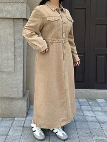 Rivivi Plus Size Women's Khaki Long Sleeve Slim Fit Flattering Denim Dress - Khaki - View 4