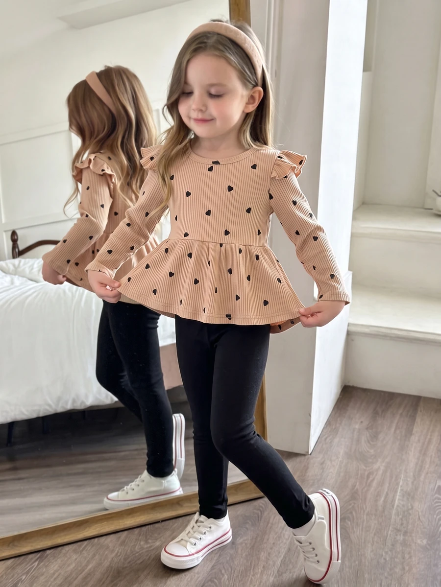 Girls 4-7Y 2pcs Set Heart Print Ruffle Trim Long Sleeve T-Shirt And Leggings, Suitable For Shopping, Outings, School And More Occasions In Spring And Autumn - Khaki - View 1