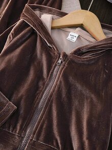 SHEIN Girls Velvet Hooded Long Sleeve Jacket And Pants Set, Suitable For Autumn/Winter, Fashionable And Versatile, Comfortable To Wear - Brown - View 4
