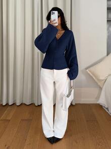 Siren Gaze Women's Solid Color Button Fitted Waist Knit Cardigan, Casual Everyday Wear, Autumn/Winter - Navy Blue - View 5