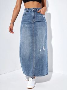 SHEIN EZwear 女款休閒百搭牛仔裙，附口袋、鈕扣與破洞設計 - 中等水洗藍 - 查看 6
