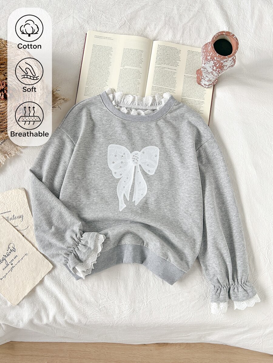 SHEIN Girls' Casual Korean Style Patchwork White Lace Embroidered Collar Cuffed Flare Lace Sleeve Sweatshirt, Suitable For Outings, School, Commuting - Light Grey - View 1