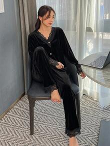 DAZY 女款對比色蕾絲長袖單排扣上衣與長褲居家服套裝 - 黑色 - 查看 9