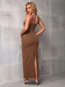 SHEIN SXY 女款性感修身細肩帶牛仔洋裝，後開衩下擺 - 咖啡棕 - 查看 7