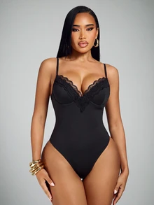Radiana Sexy Elegant Unique Black Lace Trim Patchwork Camisole Corset, Built-In Bra Top, Corset, All-Match Versatile Top, With Padding - Black - View 2