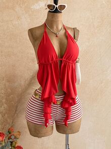 Soleia Bohemian Crochet Beach Shorts, Festival Style High Waist Woven Summer Vacation Casual Beach Pants, Mini Hot Pants Plus Women's Vacation Solid Color Asymmetric Hem Sexy Camisole Top Summer - Red - View 11