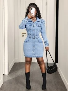 Slaydiva Gaun Denim Wanita Gaya Kasual Jalanan - Biru - View 7